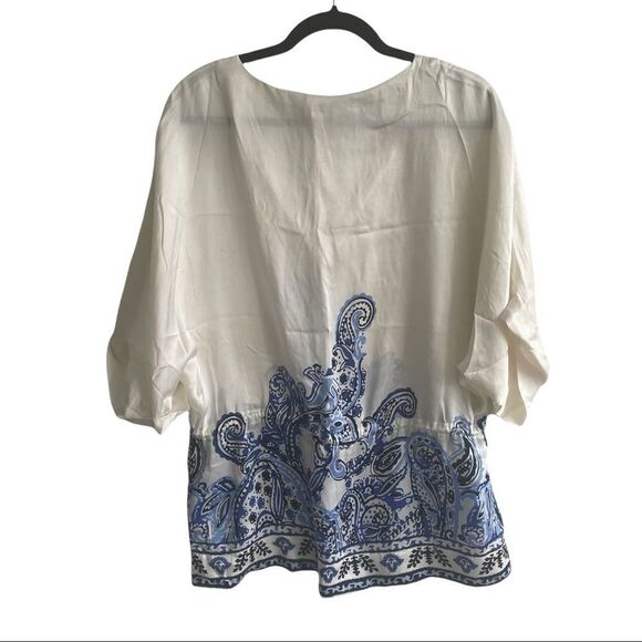 MASSIMO DUTTI Boho Print Silk Oversized V-Neck Blouse Ivory Blue 36 - Picture 4 of 8